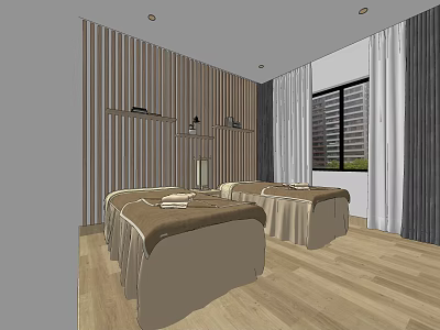 Stylish Store Front Desk Interior With Wooden Stripes Lighting And Wall Shelves 3d model