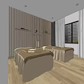 Stylish Store Front Desk Interior With Wooden Stripes Lighting And Wall Shelves