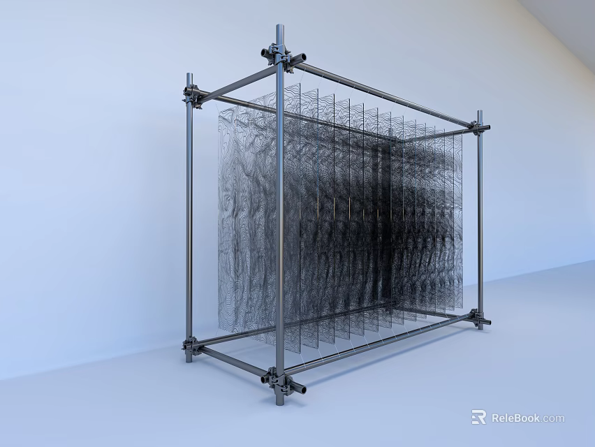 Modern Artistic Decorative Ornament Set With Metal Frame And Grid Like Black Thread Design In Minimalist Background 3d model 