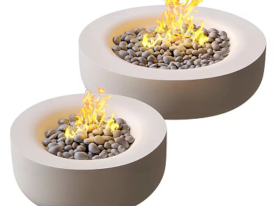 Two Round Modern Outdoor Concrete Fire Pits with Burning Flames and Decorative Pebbles 3d model
