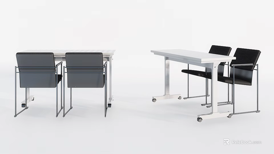 Modern Black Office Chairs With Wheels And White Office Desks Design 3d model 