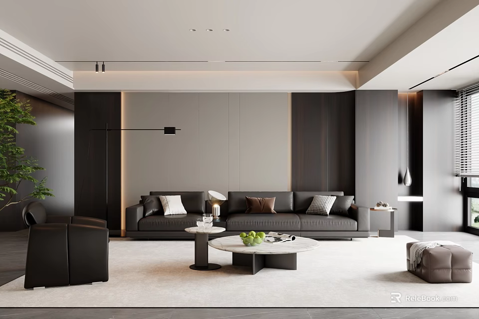 Modern Living Room Sofa Coffee Table Set With Leather Upholstery And Decorative Pillows 3d model 
