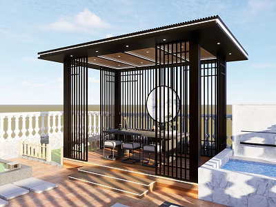 Modern Black Pavilion With Lattice Design On Terrace And Pool Area 3d model