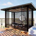Modern Black Pavilion With Lattice Design On Terrace And Pool Area