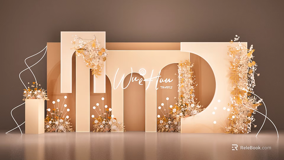 Elegant Wedding Decor Setup With Golden Floral Arrangements And Letter Backdrop Design 3d model 