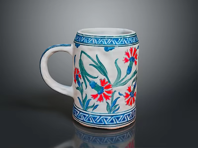 White Ceramic Mug With Blue Border And Red Floral Green Leaf Design 3d model