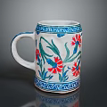 White Ceramic Mug With Blue Border And Red Floral Green Leaf Design