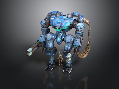 Blue Mechanical Creature With Armored Exoskeleton Glowing Eyes Weapon And Tail 3d model
