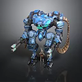 Blue Mechanical Creature With Armored Exoskeleton Glowing Eyes Weapon And Tail