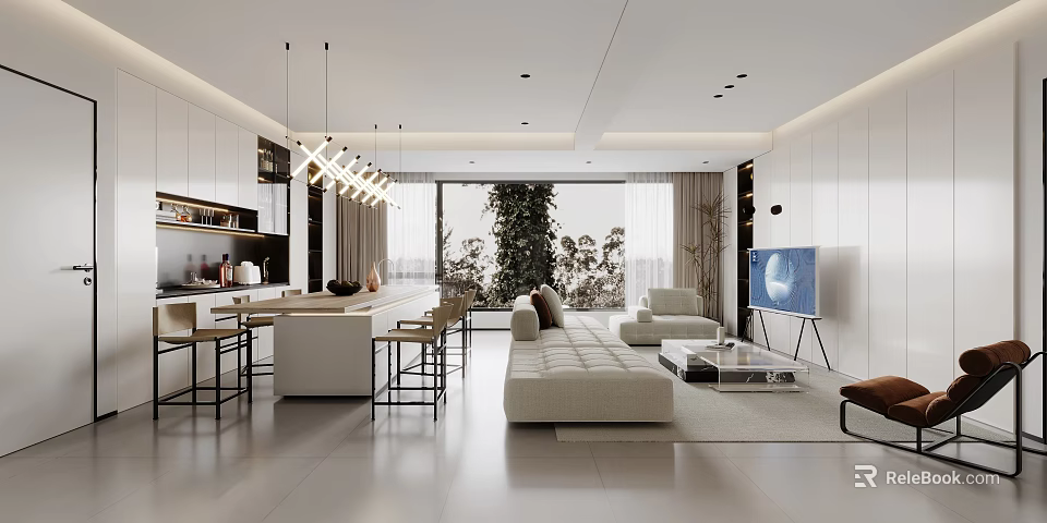 Open Modern Living and Dining Interior With Sofa Dining Table And Pendant Lights 3d model