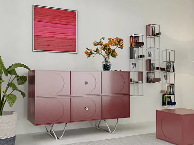 Modern Pink Decorative Cabinet With Vase Potted Plant Wall Painting And Bookshelf 3d model