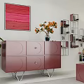 Modern Pink Decorative Cabinet With Vase Potted Plant Wall Painting And Bookshelf