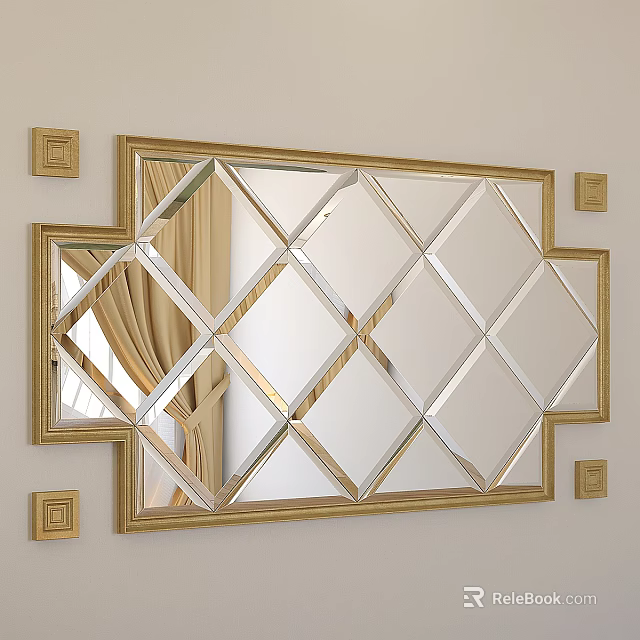 Gold Frame Diamond Wall Mirror With Curtain Reflection On Wall 3d model 
