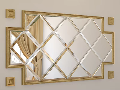 Gold Frame Diamond Wall Mirror With Curtain Reflection On Wall 3d model