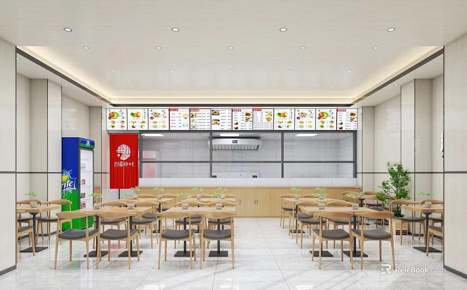 Modern Mall Shop Interior With Menu Boards Tables Kitchen Area Drink Machine And Green Plant 3d model 