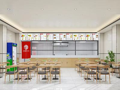 Modern Mall Shop Interior With Menu Boards Tables Kitchen Area Drink Machine And Green Plant 3d model