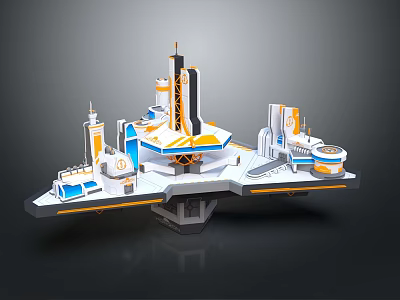 Futuristic 3D Architecture Model With Blue White Orange Buildings And Platforms 3d model
