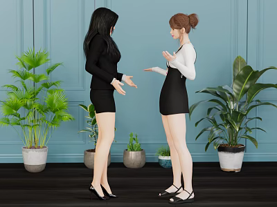 Two Women Interacting In Room With Blue Wall And Plants 3d model