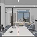 Modern Public Office Space with Large Windows Office Desks Computers Green Plants and Ergonomic Chairs