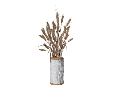 White Textured Vase With Wooden Base Holding Wheat Dried Flowers For Home Decor 3d model