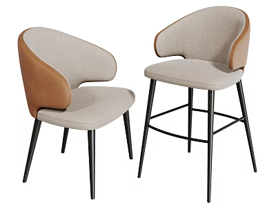 Two Modern Bar Stools With Light Gray Fabric Brown Accents And Black Metal Legs 3d model