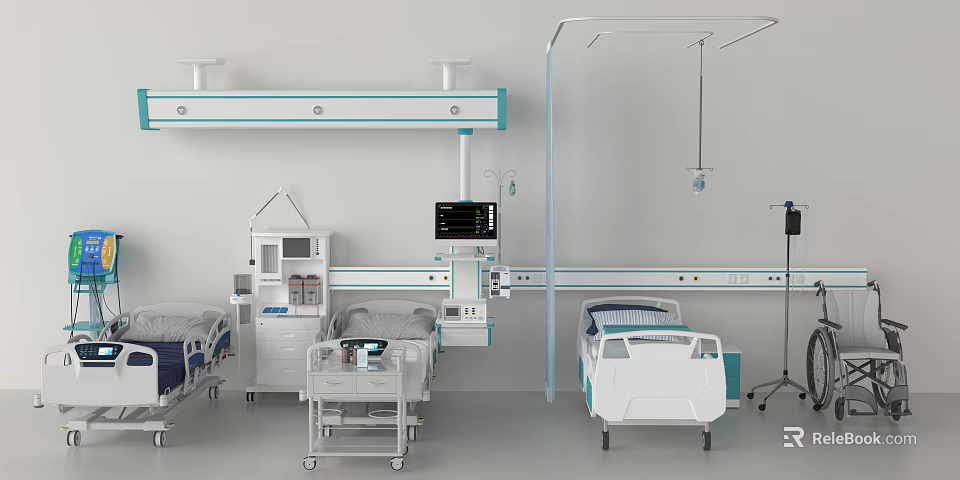 Advanced Medical Equipment Including Hospital Beds Monitors IV Stands and Carts 3d model 