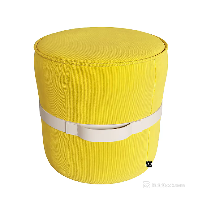 Yellow Ottoman Stool with Striped Texture and White Strap Design for Living Room Decor 3d model 