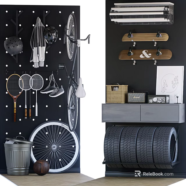Sports Equipment Wall Display With Badminton Tennis Rackets Bicycle Skateboards And Tires 3d model 