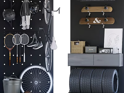 Sports Equipment Wall Display With Badminton Tennis Rackets Bicycle Skateboards And Tires 3d model