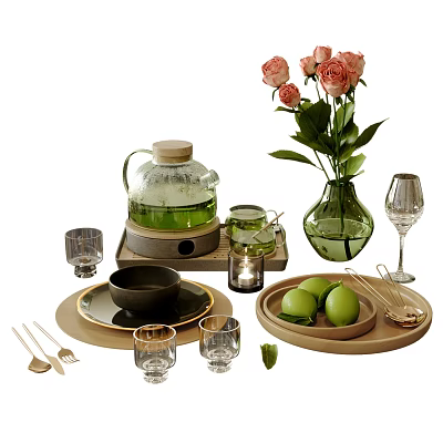 Elegant Tea Set with Glass Teapot Teacups Wooden Tray Vase Roses Limes and Utensils 3d model