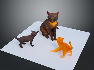 Three Cat Models in Different Colors Standing on White Board Surface 3d model