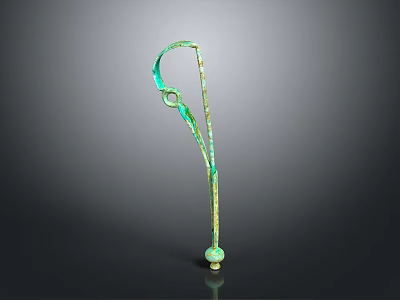 Green Patina Metallic Sculpture With Curved Structure Circular Ornament And Spherical Base 3d model