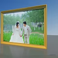 Golden Photo Frame Displaying Newlyweds In Outdoor Grassy Field With Green Trees And Blue Sky