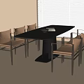 Minimalist Modern Dining Table with Six Light Brown Leather Chairs and Window Blinds