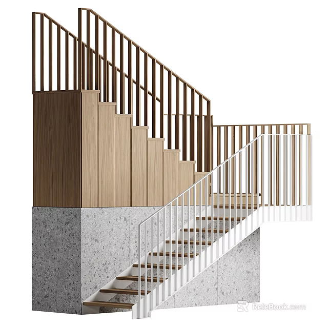 Modern Staircase Interior With Wooden Steps White Railings And Concrete Base 3d model 