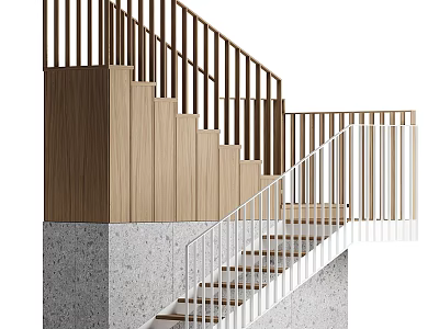 Modern Staircase Interior With Wooden Steps White Railings And Concrete Base 3d model
