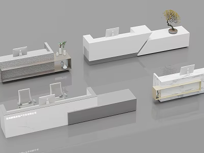 Modern Reception Desk Designs With White Gray Countertops Computer Monitors And Decorative Plants 3d model