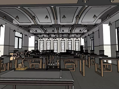 School Classroom Interior With Wooden Tables Chairs Decorative Ceiling And Windows 3d model