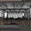 School Classroom Interior With Wooden Tables Chairs Decorative Ceiling And Windows