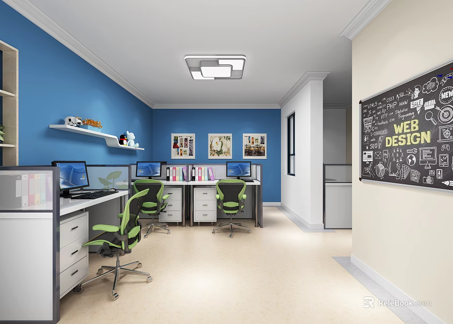 Public Office Space Interior With Blue Walls Green Chairs Desks Shelves And Blackboard Design 3d model 