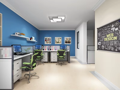 Public Office Space Interior With Blue Walls Green Chairs Desks Shelves And Blackboard Design 3d model