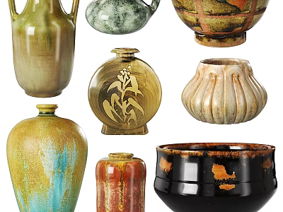 Artistic Ceramic Vessels Featuring Various Shapes Colors And Hand Painted Designs 3d model