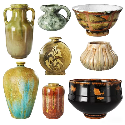 Artistic Ceramic Vessels Featuring Various Shapes Colors And Hand Painted Designs 3d model