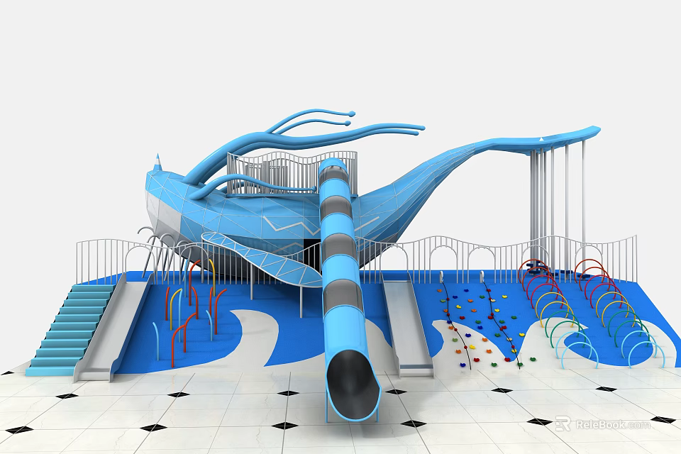 Outdoor Whale Shaped Playground Equipment With Blue Slide And Swing Sets 3d model 