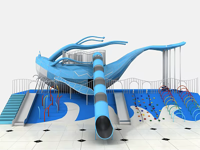 Outdoor Whale Shaped Playground Equipment With Blue Slide And Swing Sets 3d model