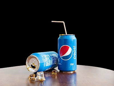 Pepsi Blue Can With Straw And Spilled Can On Wooden Table With Ice Cubes 3d model