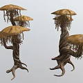 Unique Mushroom Like Plants With Multiple Umbrella Shaped Caps Twisted Trunks And Hanging Tendrils