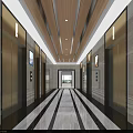 Modern Elevator Lobby With Elevator Doors Stone Walls Wooden Ceiling And Striped Marble Floor