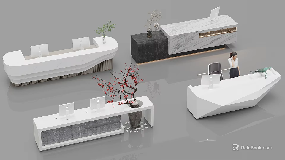 Modern Office Reception Desk Design With White Marble Surface And Plant Decorations 3d model 