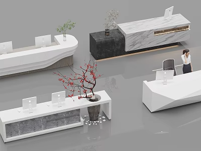 Modern Office Reception Desk Design With White Marble Surface And Plant Decorations 3d model